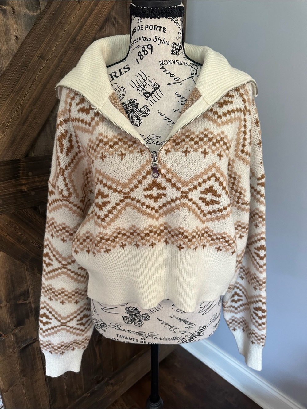 Forever 21 Cream & Tan Fair Isle Zip-Neck Sweater